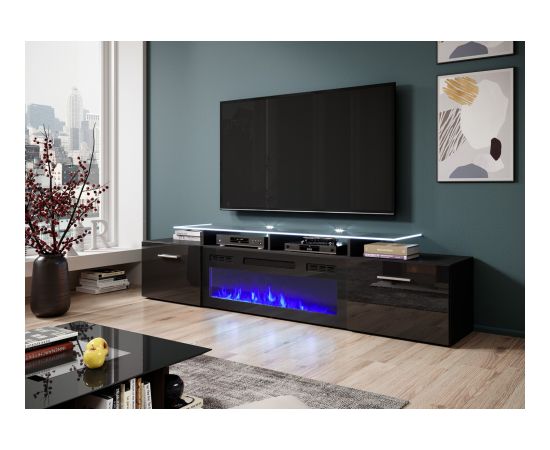 Cama Meble RTV cabinet ROVA with electric fireplace 190x37x48 cm black/black gloss