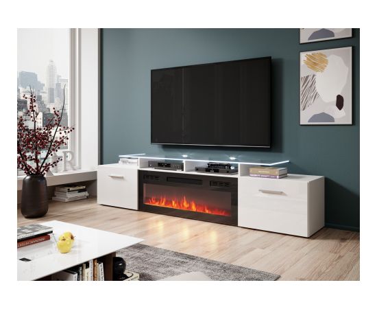 Cama Meble RTV cabinet ROVA with electric fireplace 190x37x48 white/gloss white