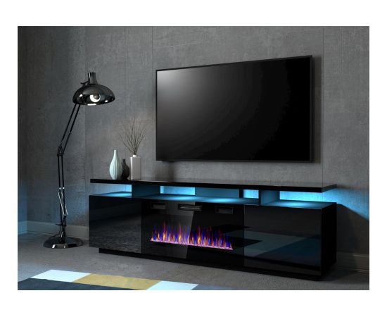 Cama Meble RTV EVA cabinet with electric fireplace 180x40x52 cm black/gloss black