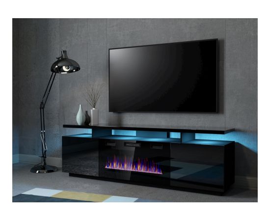 Cama Meble RTV EVA cabinet with electric fireplace 180x40x52 cm black/gloss black