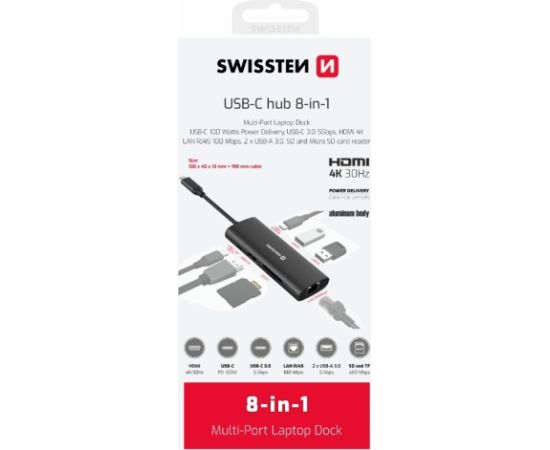 Swissten 8in1 USB-C Hub Алюминий USB-C 100W / HDMI 4K / LAN RJ45 / 2x USB-A / USB-C / SD / MICRO SD