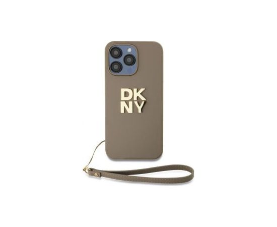 DKNY Apple  DKNY PU Leather Stack Logo Wrist Strap Case for iPhone 15 Pro Beige