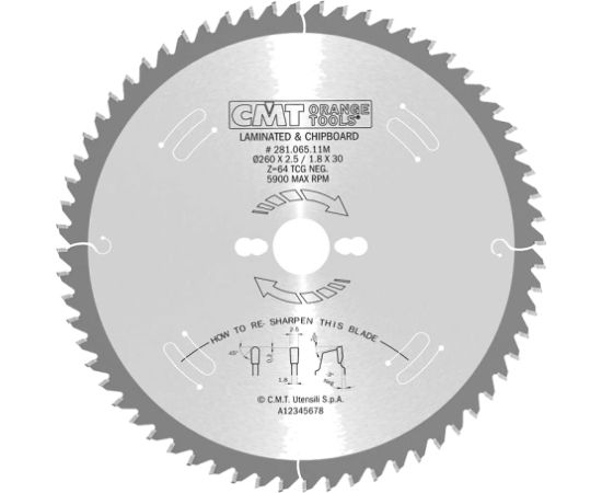 Griešanas disks kokam CMT 281; 260X2,5X30; Z64; -3°