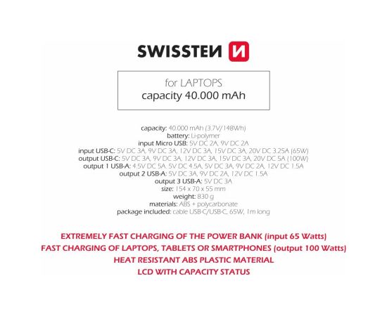 Swissten Power Line Power Bank Ārējas Uzlādes Baterija 40 000 mAh 100W