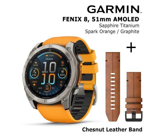 GARMIN Fenix 8 51 mm, AMOLED, Sapphire Titanium + Chesnut Leather Band sporta pulkstenis