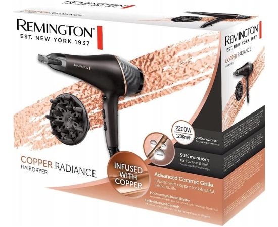 Remington Copper Radiance Hair Dryer | AC5700 | 2200 W | Number of temperature settings 3 | Ionic function | Diffuser nozzle | Black