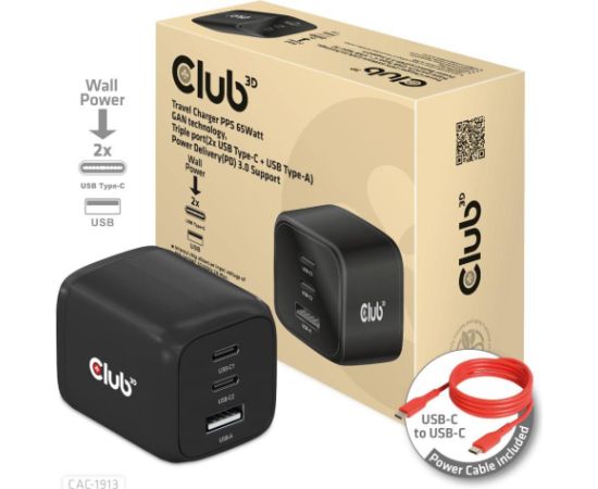 MOBILE CHARGER WALL 3PORT/GAN 65W CAC-1913EU CLUB3D