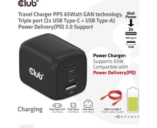 MOBILE CHARGER WALL 3PORT/GAN 65W CAC-1913EU CLUB3D