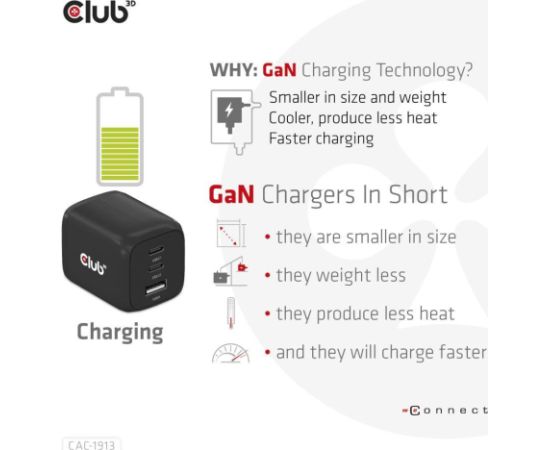 MOBILE CHARGER WALL 3PORT/GAN 65W CAC-1913EU CLUB3D