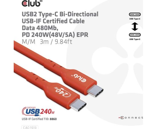 CABLE USB-C TO USB-C 3M/M/M CAC-1513 CLUB3D