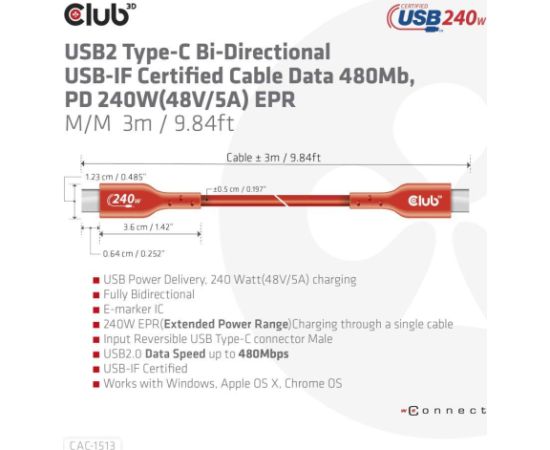 CABLE USB-C TO USB-C 3M/M/M CAC-1513 CLUB3D