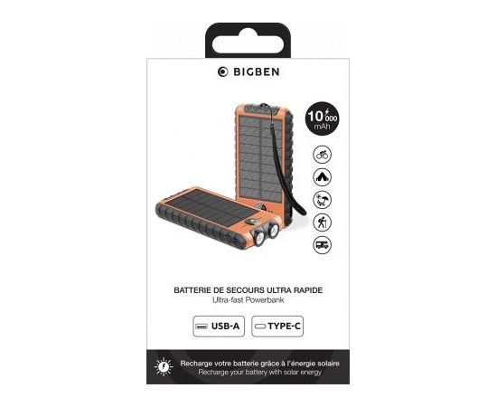 10000mAh Solar USB 2A+C Powerbank Orange/Black Bigben