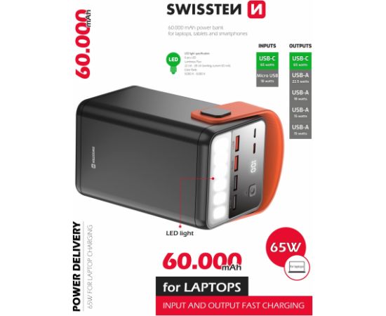 Swissten Power Line Power Bank Ārējas Uzlādes Baterija 60 000 mAh / 65W