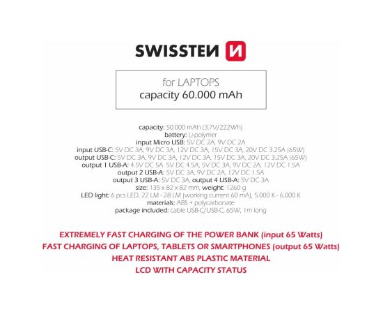 Swissten Power Line Power Bank Ārējas Uzlādes Baterija 60 000 mAh / 65W