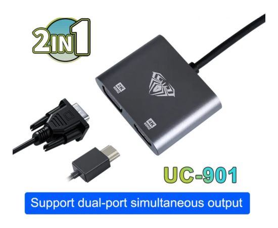 Aula UC-901 2в1 Видео адаптер - переходник с USB-C на Hdmi 4K 30Hz / VGA монитор