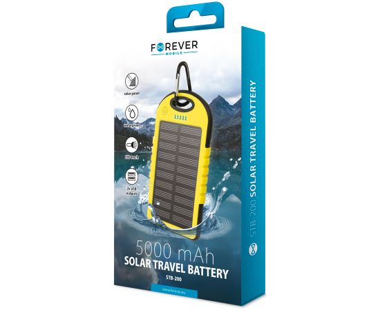 Forever STB-200 Solar Power Bank 5000 mAh Universāla Ārējas uzlādes baterija 5V 1A + 1A + Micro USB Kabelis Dzeltens