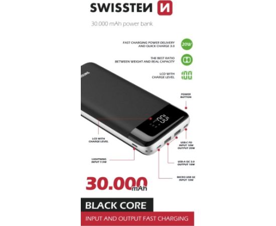 Swissten Black Core Premium Recovery Power Banka Uzlādes baterija / USB / USB-C / 30000 mAh