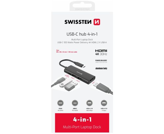 Swissten 4in1 USB-C Hub Daudzportu klēpjdatora dokstacija USB-C 100W / HDMI 4K / 2x USB-A