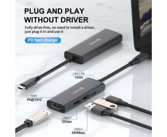 Swissten 4in1 USB-C Hub Daudzportu klēpjdatora dokstacija USB-C 100W / HDMI 4K / 2x USB-A