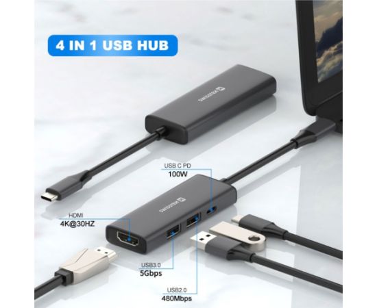 Swissten 4in1 USB-C Hub Daudzportu klēpjdatora dokstacija USB-C 100W / HDMI 4K / 2x USB-A