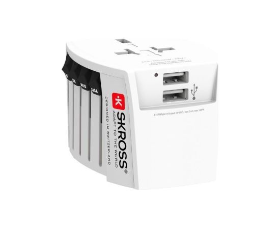 Skross   MUV USB (2xA) Compact 2-pole world travel adapter with 2 integrated USB ports White