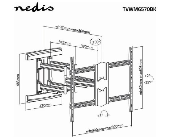 Nedis TVWM6570BK Kronšteins priekš LED / LCD / PLASMA TV / 43-90" / Max 70kg