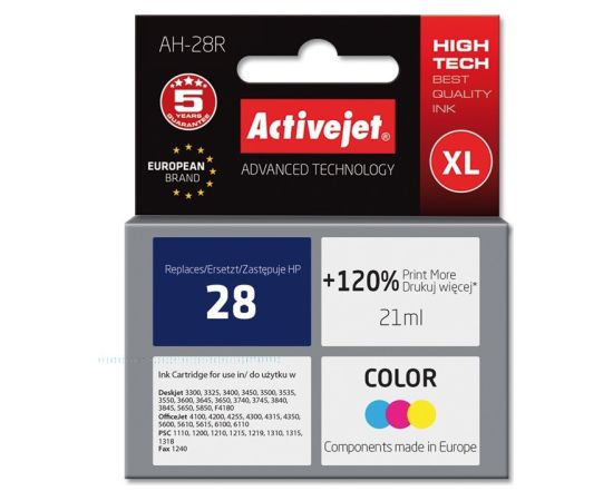 Activejet AH-28R Ink cartridge (replacement for HP 28 C8728A; Premium; 21 ml; color)