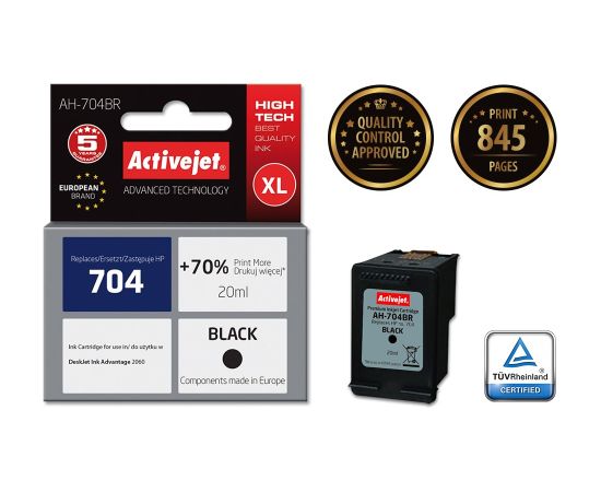 Activejet AH-704BR HP Printer Ink, Compatible with HP 704 CN692AE;  Premium;  20 ml;  black. Prints 70% more.