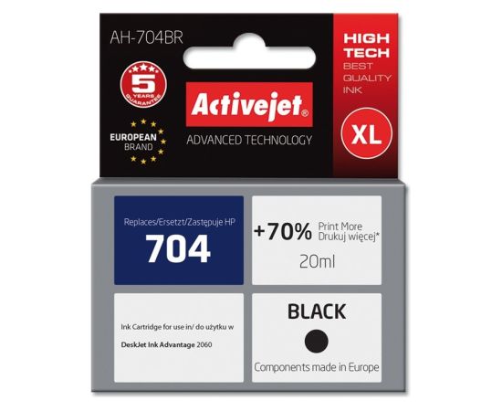 Activejet AH-704BR HP Printer Ink, Compatible with HP 704 CN692AE;  Premium;  20 ml;  black. Prints 70% more.