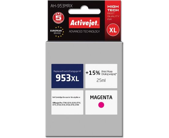 Activejet AH-953MRX ink (replacement for HP 953XL F6U17AE; Premium; 25 ml; magenta)