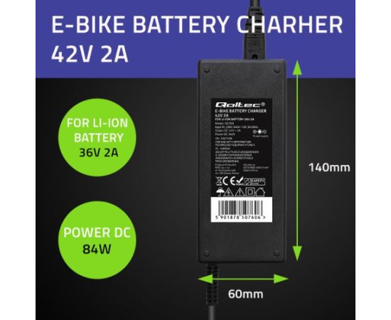 Qoltec 50760 Charger for e-bike batteries 36V | 42V | 2A | 5.5*2.1