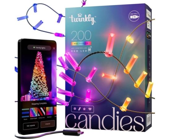 Twinkly Candies – 200 RGB LEDs, zaļš vads, USB-C