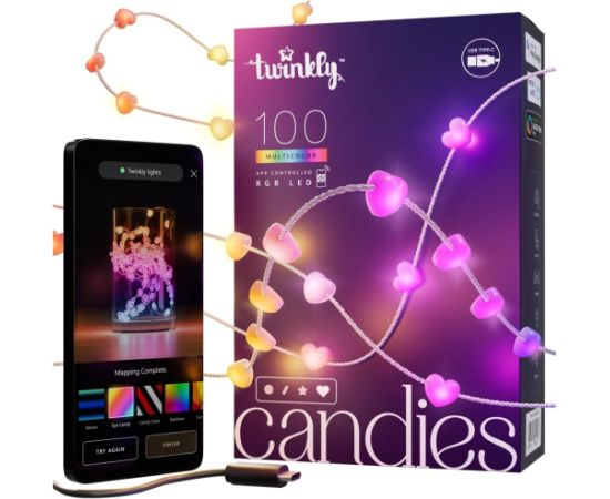 Twinkly Candies – 100 Lampki w kształcie serc RGB LEDs, przezroczysty przewód, USB-C