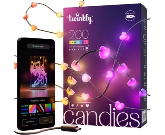 Twinkly Candies – 200 Lampki w kształcie serc RGB LEDs, zielony przewód, USB-C