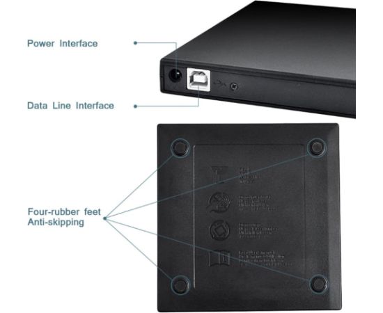 CP RW1 Plāns Ārējais USB 2.0 CD / DVD Rom Disku Lasītājs ar USB Vada barošanu Melns