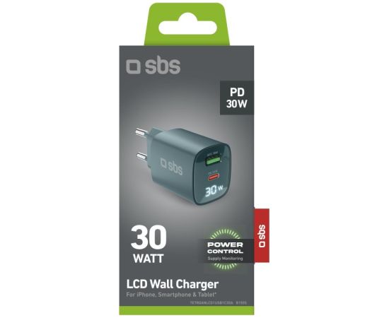 Charger SBS GaN 30W, USB-C, LCD, Light Blue