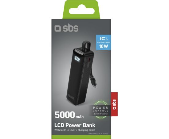 Powerbank SBS 5000mAh, 10W, LCD, integrated cable, Black