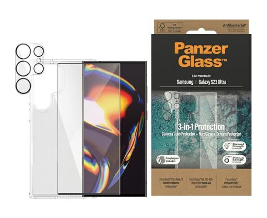 PanzerGlass komplekts 3v1 Sam S23 Ultra S918 cietais futrālis + aizsargstikls + kameras objektīvs 0435+7317