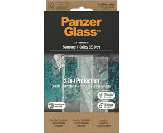 PanzerGlass komplekts 3v1 Sam S23 Ultra S918 cietais futrālis + aizsargstikls + kameras objektīvs 0435+7317