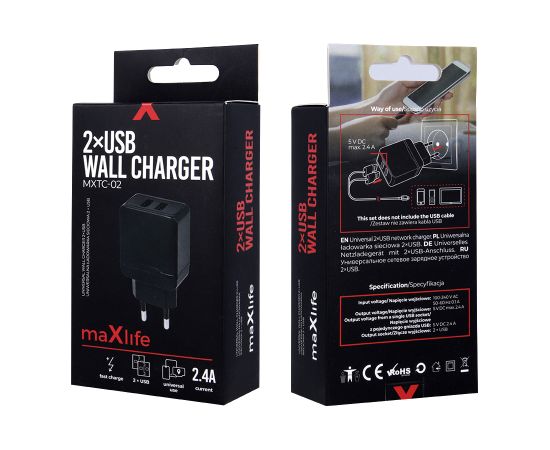 Maxlife MXTC-02 lādētājs 2x USB 2.4A melns