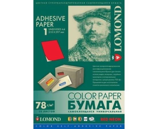 Lomond Self-Adhesive Paper Universal Labels, 1/210x297, A4, 50 sheets, Red neon