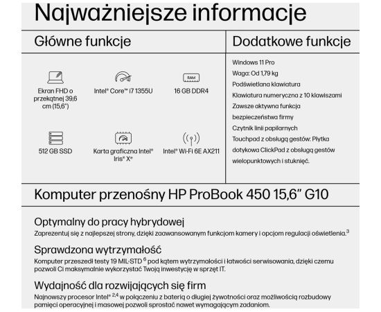 HP ProBook 450 G10 i7-1355U 15,6"FHD AG IPS 16GB SSD512 IrisXe ALU 51Wh W11Pro 3Y OnSite