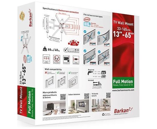 Barkan 3400W.W 13"-65" lygiam/lenktam TV, 4 lankstų, sieninis, baltas