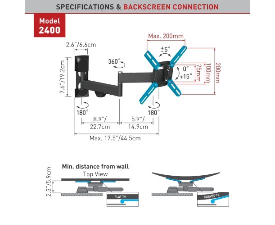 BARKAN 2400.B 26"-39" lygiam/lenktam TV, 4 lankstų, sieninis, juodas