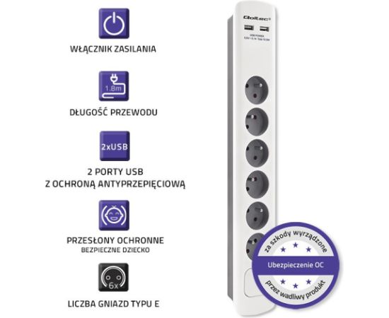 Qoltec 50294 surge protector White-grey 6 AC outlet(s) 230 V 1.8 m