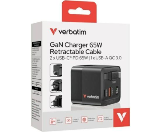 Verbatim 32217 GaN Зарядка 65W 2x USB-C / USB-A + Aдаптер