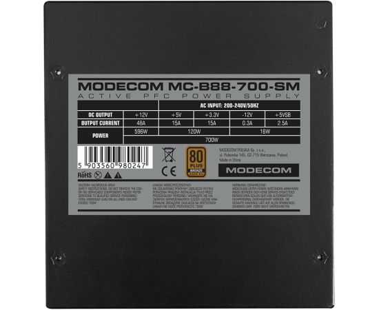 MODECOM Power Supply MC-B88-700-SM 80+ BRONZE 230V EU 700W