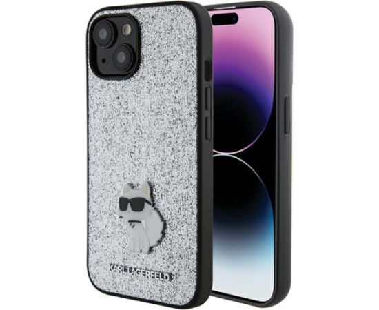 Karl Lagerfeld Fixed Glitter Choupette Logo Metal Pin Aizsargapvalks Priekš Apple iPhone 15