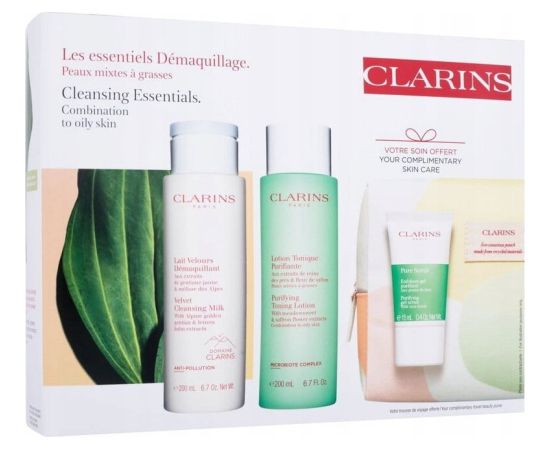 Clarins CLARINS SET (VELVET CLEANSING MILK 200ML + PURIFYING TONING LOTION 200ML + PURE SCRUB 15ML + COSMETICS BAG)