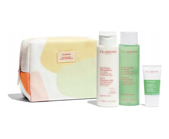 Clarins CLARINS SET (VELVET CLEANSING MILK 200ML + PURIFYING TONING LOTION 200ML + PURE SCRUB 15ML + COSMETICS BAG)